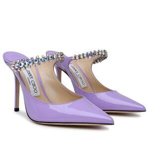 Jimmy Choo Bing 100 Mules Lilac Patent Leather Crystal Embellished Pointed Toe